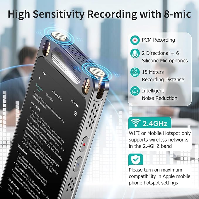 AI Voice Recorder with Playback, 5'' Large Touch Screen Digital Recorder, 13 Languages Transcription, 8 Mics Noise Reduction, 2600mAh Battery, AI Summary & Translation for Meetings, Lectures