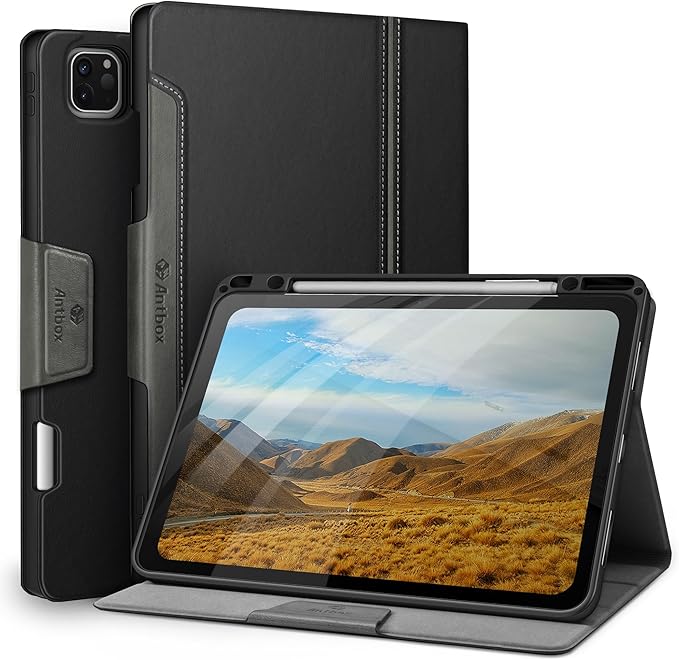 Antbox Case for iPad Pro 12.9'' 6th Generation (2022) 5th/4th/3rd Generation (2021/2020/2018), Built-in Pencil Holder Auto Sleep/Wake Function PU Leather Smart Cover (Black)