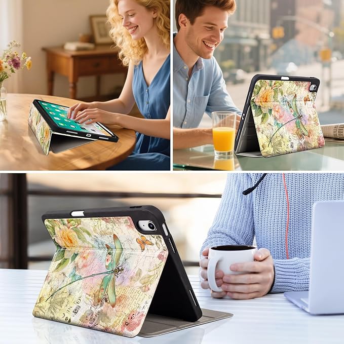 Vimorco for iPad A16 Case 11-inch 2025, for iPad (A16) 11th/10th Generation Case Pencil Holder, Typing Stand & 4 Viewing Angles, Faux Leather Slim Cover, Auto Sleep/Wake, Dragonfly Flower