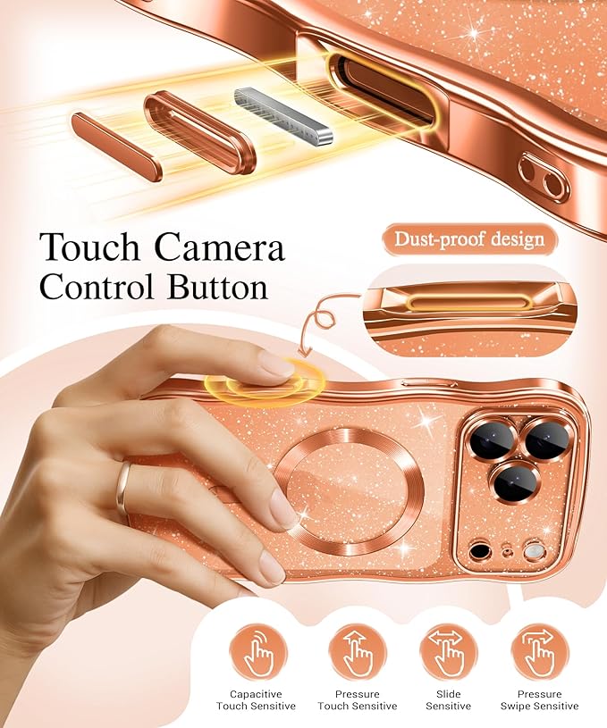 GVIEWIN for iPhone 17 Pro Case Compatible with MagSafe, Upgraded [Full Camera Protection][Cute Wave Frame][Military Grade Protection] Electroplated Hard Phone Cover for Women Girl, Glitter/Orange