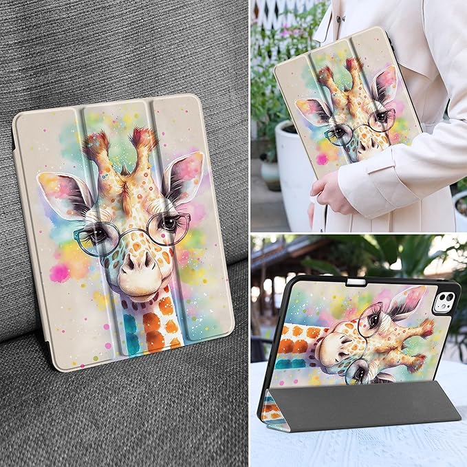 MEEgoodo Case for M5 iPad Pro 11 inch 2025/M4 iPad Pro 11 inch Case 2024, Tablet Cover with Trifold Stand & Pencil Holder & Auto Wake/Sleep & Soft TPU Back Cover, Giraffe