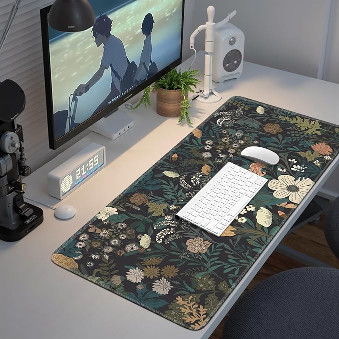 iCasso Desk Mat, XXL Large Mouse Pad for Desktop, Cute Pad With Stitched Edges, Anti-Slip Big Mousepad, Keyboard Mat for Computer, Work, Gaming (Weeds)