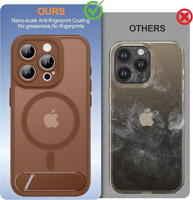 Magnetic Compatible with iPhone 15 Pro Case, [Built-in Kickstand][Full Camera Protection][Compatible with MagSafe][Anti-Fingerprint] Shockproof Phone Case for iPhone 15 Pro 6.1",Brown