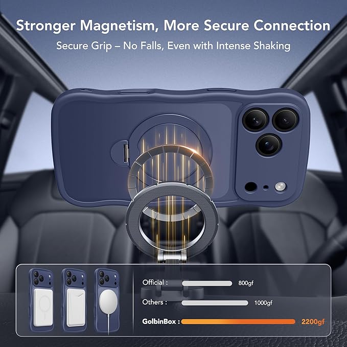GolbinBox for iPhone 17 Pro Case for Women,[Compatible with Magsafe][360° Spin Magnetic Stand][Cute Wave Edge][Military-Grade Protection] Translucent Matte Phone Case for iPhone 17 Pro, Deep Blue