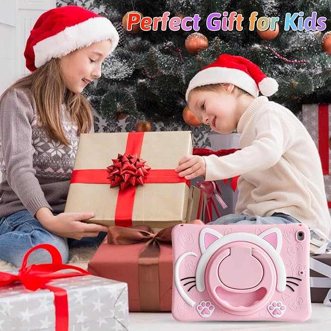 Dteck for iPad 10.9" 10th Generation Case Kids,Cute Cartoon 3D Unique Design Light Rotating Handle Stand Shoulder Strap Soft Silicone Funda Drop Rugged Shockproof Protective Kid-Proof Case,Cat