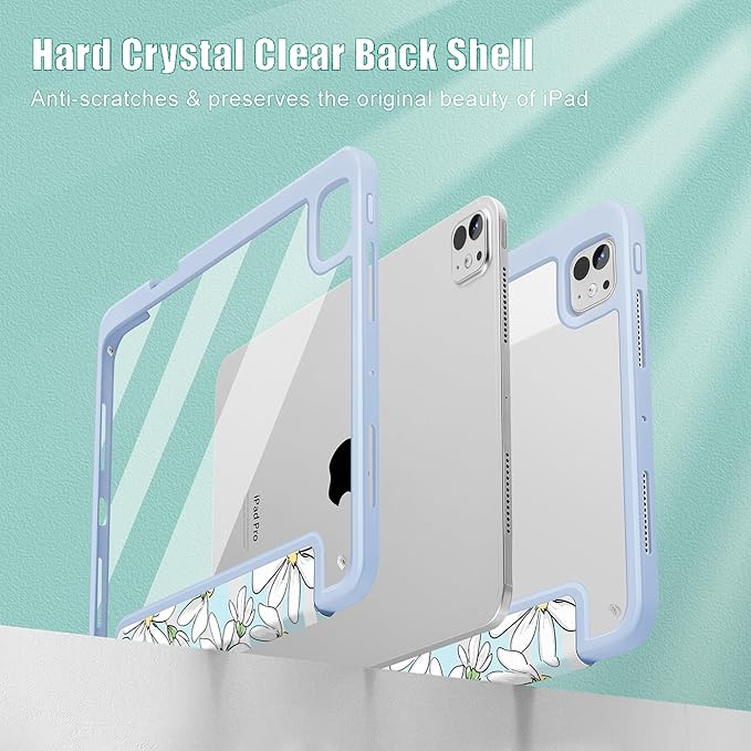 May Chen for iPad Pro 13 Inch Case M5 2025 / M4 2024, Built Pencil Holder & Clear Transparent Print Back Shell Slim Stand Shockproof Tablet Cover, Auto Wake/Sleep, Heart Rabbits