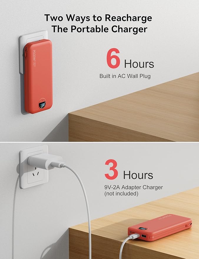 10000mAh Ultra-Portable-Charger-Power-Bank with Built in Cables&AC Wall Plug, PD20W USB-C Fast Charging Cell Phone Charger Battery Pack,LED Display Travel Battery Bank for All iPhone,Samsung,Android