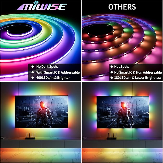 MIWISE RGB Smart IC COB LED Strip Lights Chasing Color, USB LED Strip Light Addressable, Rainbow Effect with Music Sync, App Control, Compatible with Alexa and Google for TV, Bedroom, Cabinet, 9.84ft