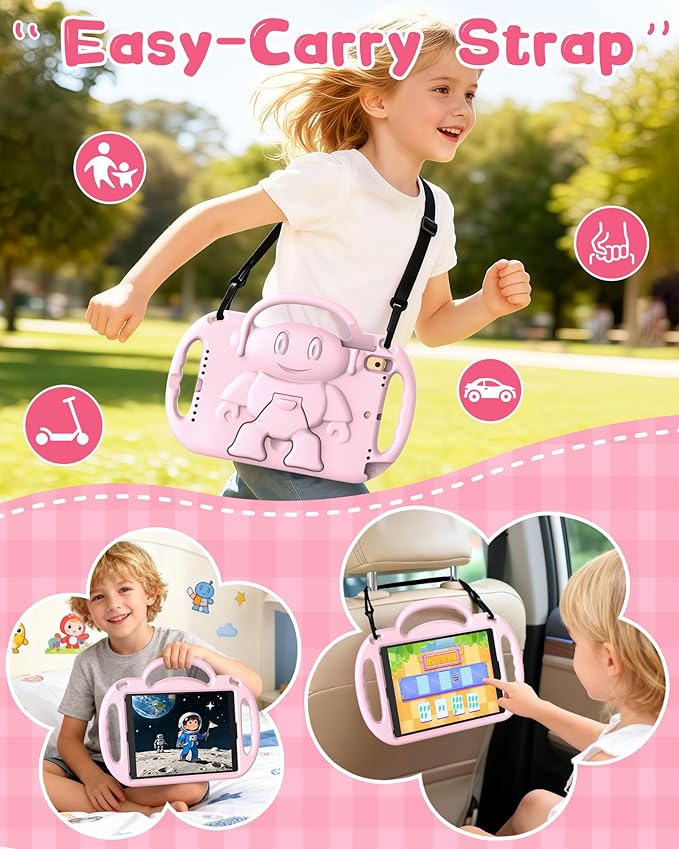 Kids Case for iPad 5th/6th Generation (9.7 inch, 2017/2018) & iPad Air 1/2 9.7" & Pro 9.7, Durable Shockproof Lightweight Kids Cover with Shoulder Strap/Handle/Kickstand, Light Pink