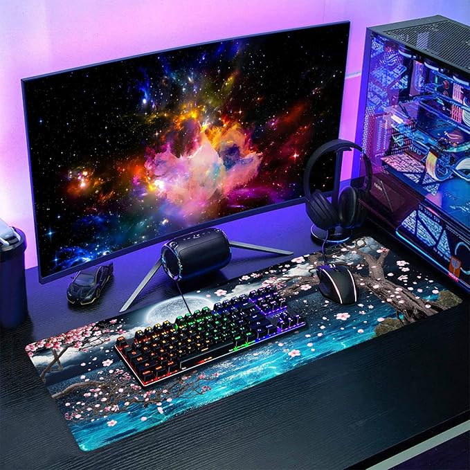 Pink Cherry Blossom Gaming Mouse Pad XL Sakura Tree Blue Ocean Moon Night Extended Big Large Desk Mat Non-Slip Rubber Base Stitched Edge Long Keyboard Mousepad for PC Computer Laptop,31.5×11.8 in