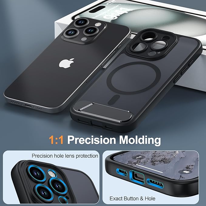 Magnetic Compatible with iPhone 15 Pro Case, [Built-in Kickstand][Full Camera Protection][Compatible with MagSafe][Anti-Fingerprint] Shockproof Phone Case for iPhone 15 Pro 6.1",Black