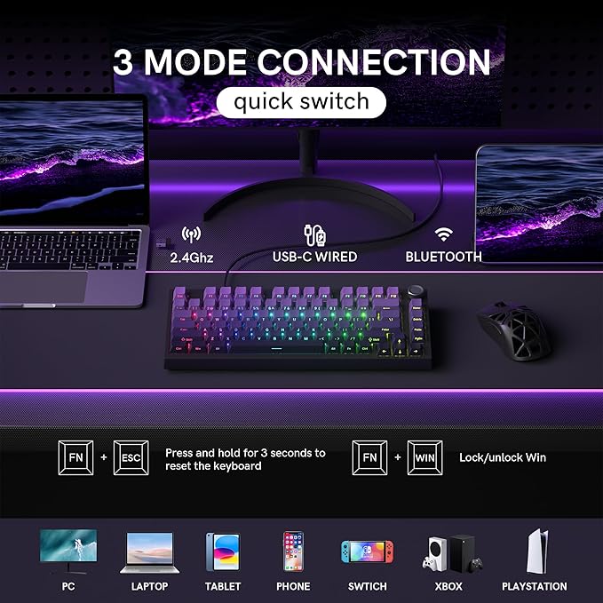 COSTOM WK75 75% Wireless Gaming Mechanical Keyboard,BT5.0/2.4GHz/USB-C, Hot Swappable Pre-lubed Custom Linear Switches,Gasket Structure,RGB Backlit Keyboard for PC/Laptop/Xbox/PS4/PS5 (Purple)