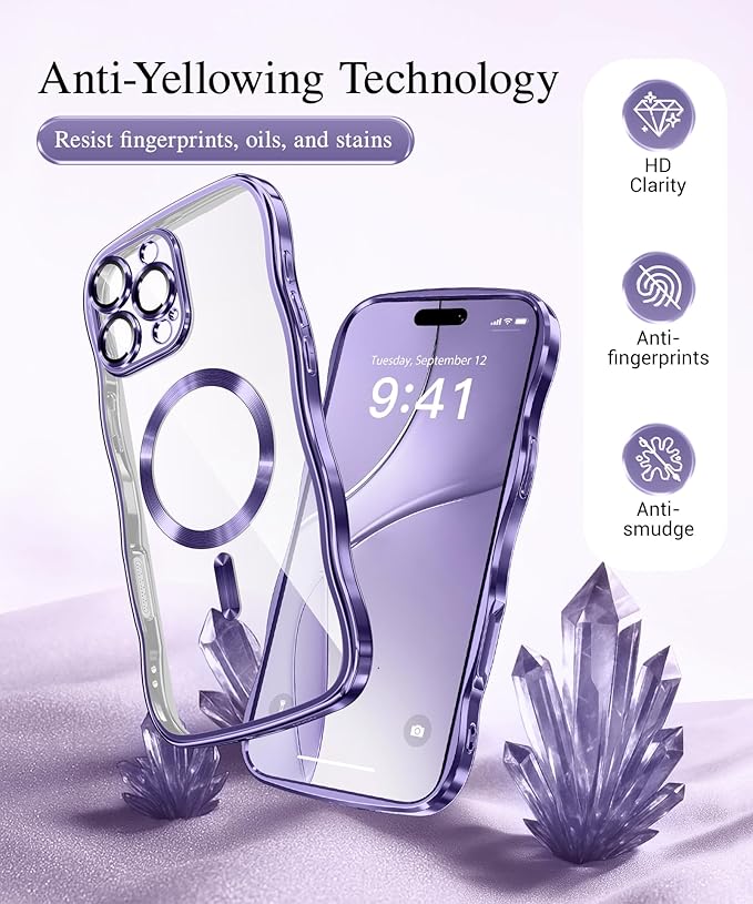 GVIEWIN for iPhone 16 Pro Max Case Compatible with MagSafe, Upgraded [Full Camera Protection][Cute Wave Frame][Military Grade Protection] Electroplated Soft Phone Cover for Women Girl, Clear/Purple