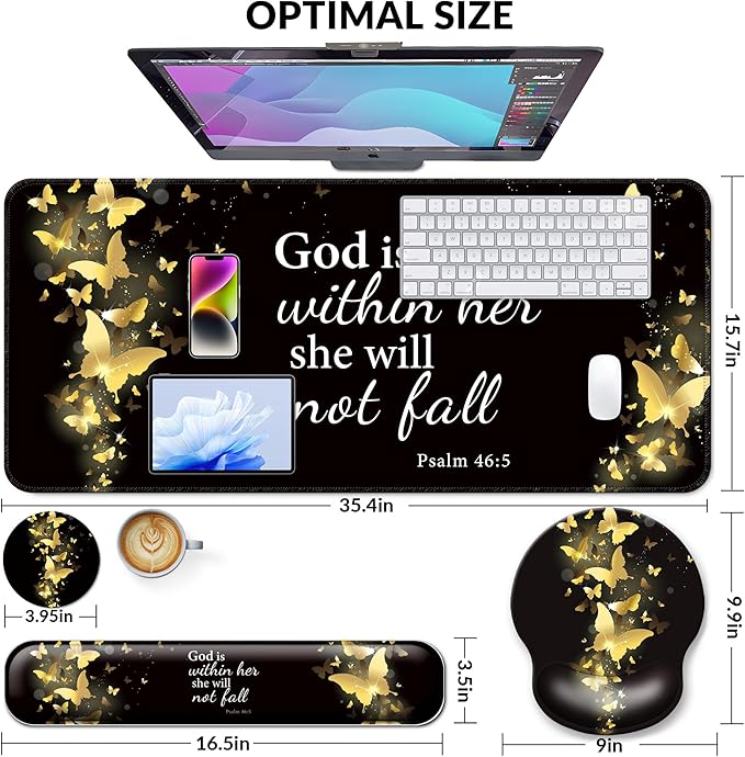 Desk Mat Set + Keyboard and Mouse Pad with Wrist Rest Support,4-in-1 Large Mousepad Computer Mats for Desktop Home & Office-Golden Butterflies