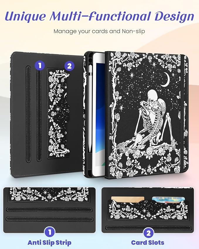 Kidcube for iPad 9th/8th/7th Generation Case 10.2 Inch - for Women Girls Cute Rotating Stand Folio Cover with Pencil Holder & Card Slot Goth Skull Floral Unique Design for iPad 9th/8th/7th Gen Cases