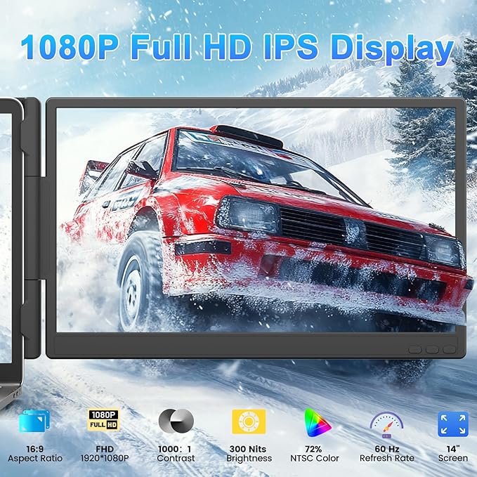 KEFEYA Laptop Screen Extender, 14" FHD 1080P IPS Dual Laptop Monitor Extender, Portable Monitor Plug & Play USB-C/HDMI/USB-A for 13"-17" Laptops, Work with Windows/MacBook/Switch/PS5