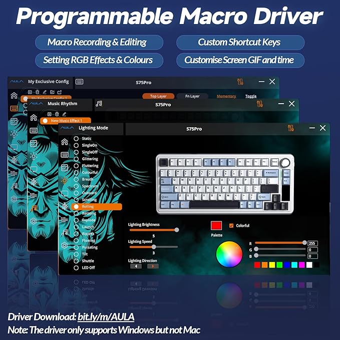 AULA S75 PRO Wireless Mechanical Keyboard with Screen&Knob, Tri-Mode Hot Swappable Gaming Keyboard 75%, Pre-lubed Switches, RGB Backlit, Side Printed PBT Keycaps, Creamy Sounding Computer Keyboards