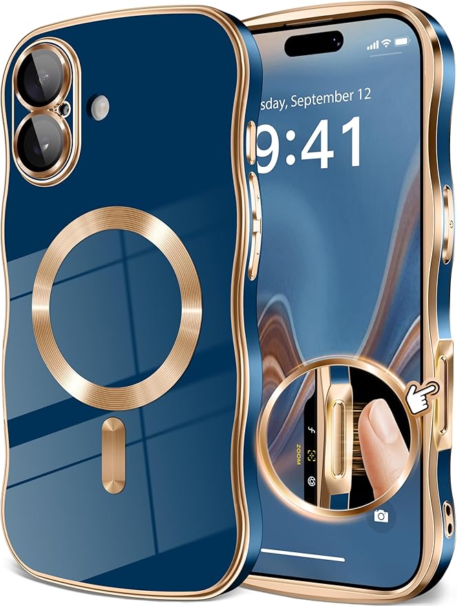GVIEWIN for iPhone 17 Case Compatible with MagSafe, Upgraded [Full Camera Protection][Cute Wave Frame][Military Grade Protection] Electroplated Hard Phone Cover for Women Girl, Blue