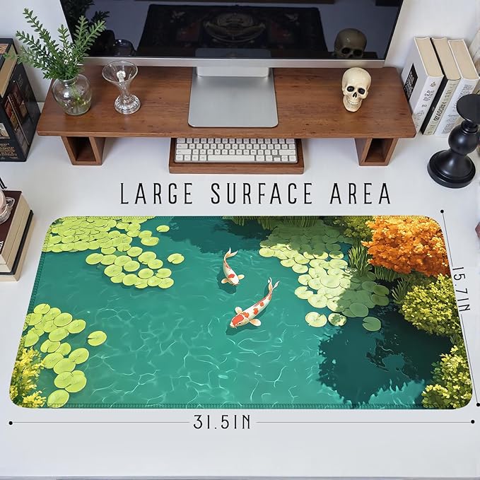 Japanese Koi Fish Desk Mat Pad XXL Large Lofi Serene Pond Playmat Gaming Mouse Pad Desktop Mat for Office,Computer,Keyboard,Laptop and Home 31.5 X 15.7inch