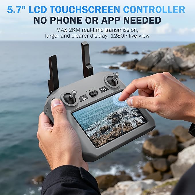 GPS Drones with Camera for Adults 4K, 100-Min Flight Time, 5.7" FPV Screen, Long Range Video Transmission, RC Quadcopter, GPS Follow, Auto Return, Beginner Mode, Foldable RC Drones with 2 Batteries