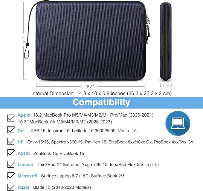 FINPAC Hard Laptop Sleeve Case for 15.3 inch MacBook Air M5 M4 M3 M2 (2026-2023) A3448 A3241 A3114, 16.2 inch MacBook Pro 2026 M5/M4/M3/M2/M1 Pro/Max, Waterproof Case for Surface Laptop, Deep Blue