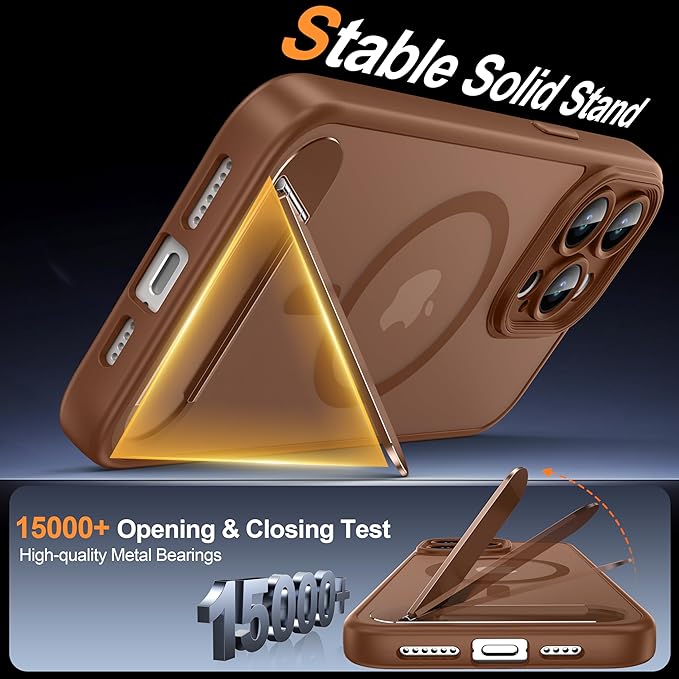 Magnetic Compatible with iPhone 15 Pro Max Case, [Built-in Kickstand][Full Camera Protection][Compatible with MagSafe][Anti-Fingerprint] Shockproof Phone Case for iPhone 15 Pro Max 6.7",Brown