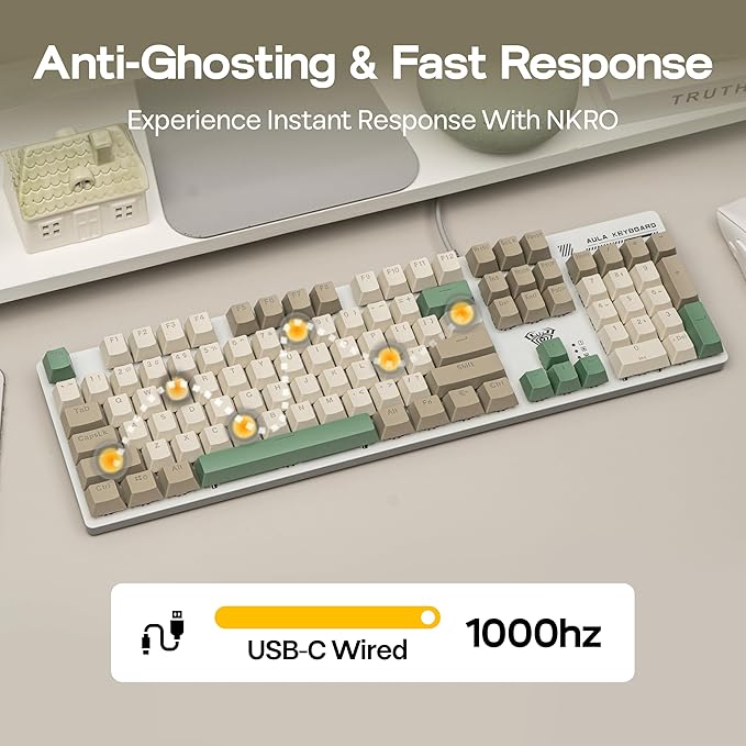 MechLands Aula S500 Wired Gaming Keyboard, 100% Full Size Mechanical Keyboard with Number Pad, 104 Keys, NKRO, RGB Backlits, Shine Through Keycaps, Ergonomic for PC E-sports (White&Green, Blue Switch)