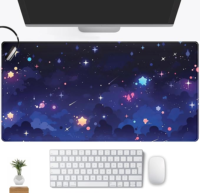 Blue Stars Desk Mat Cute Cloud Desk Pad, Aesthetic Starry Sky Mouse Mat Gaming Mousepad XXL, Extra Large Deskktop Mats for Keyboard and Mouse, Computer Laptop Mat Kawaii Desk Decor 31.5"x15.75"