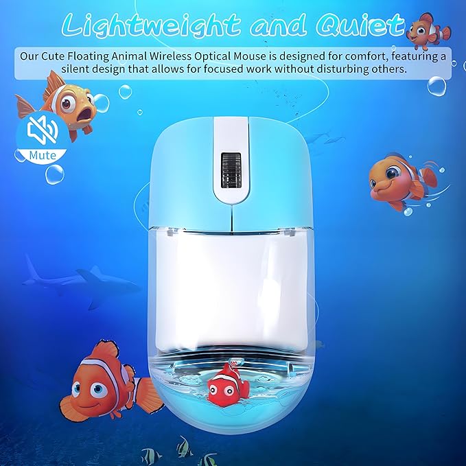 Wireless Mouse -Cute Clear Aqua Design, Water Mouse with Optical Precision, Silent Clicks, Lightweight & Floating Animal Transparent Retro Style for Home Office, Great for Kids & Adult(Fish-Blue)