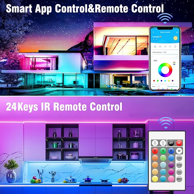 VOLIVO 100ft Led Strip Lights for Bedroom, Color Changing Led Light Strips Kit with Bluetooth App Control and IR Remote, RGB Music Sync Lighting for Room, Home Decor