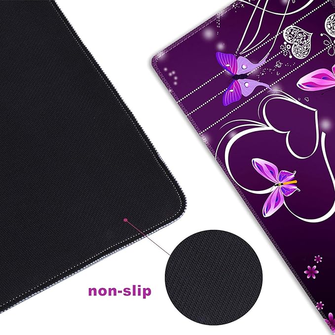 Extended Gaming Mouse Pad XXL ArtSo Large Keyboard Mat Long Mousepad Desk Decor Writing Pad Non Slip Rubber Base Stitched Edges for Work, Game, Office, Home, 35.1" x 15.7", Purple Heart Butterfly