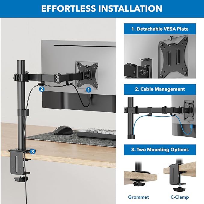 Mount-It! Single Monitor Arm 17" to 32", Full Motion Adjustment with Tilt, Rotation, Swivel, Height Adjustment Along Pole, Clamp or Grommet Mounting, Monitor Desk Mount VESA 75x75 and 100x100, Black