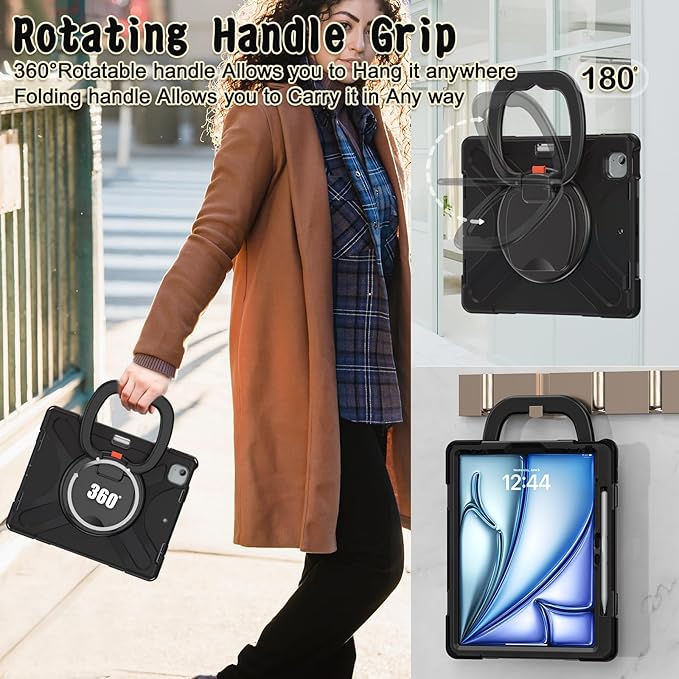SCSVPN Case for iPad Air 13 inch M4 2026 /M3 2025/M2 2024 & iPad Pro 12.9 Case 6th/5th/4th/3rd Gen 2022 2021 2020 2018, Drop Protective Cover with Pencil Holder, Stand, Handle, Shoulder Strap - Black