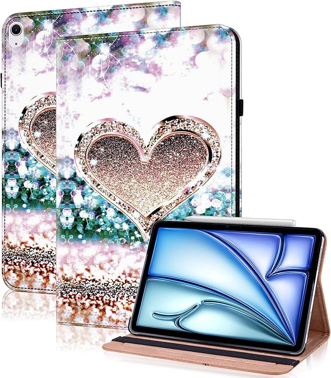Case for iPad Air 13 inch M4 2026/M3 2025/M2 2024 with Pencil Holder & Card Slots & Auto Sleep, Embossed PU Leather Stand Magnetic Shockproof Cover Case for iPad Air 13 - Diamond Peach