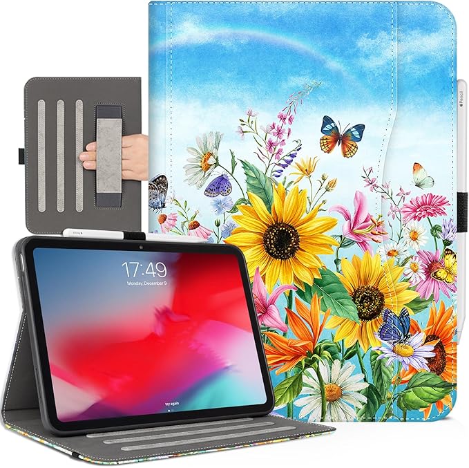 Case for iPad Air 13-inch M4/M3/M2, iPad Pro 12.9 6th/5th/4th/3rd Generation Case with Pencil Holder Multi-Angle Adjustable Stand Shockproof Pocket/Hand Strap/Auto Wake Sleep Sunflowers Butterfly