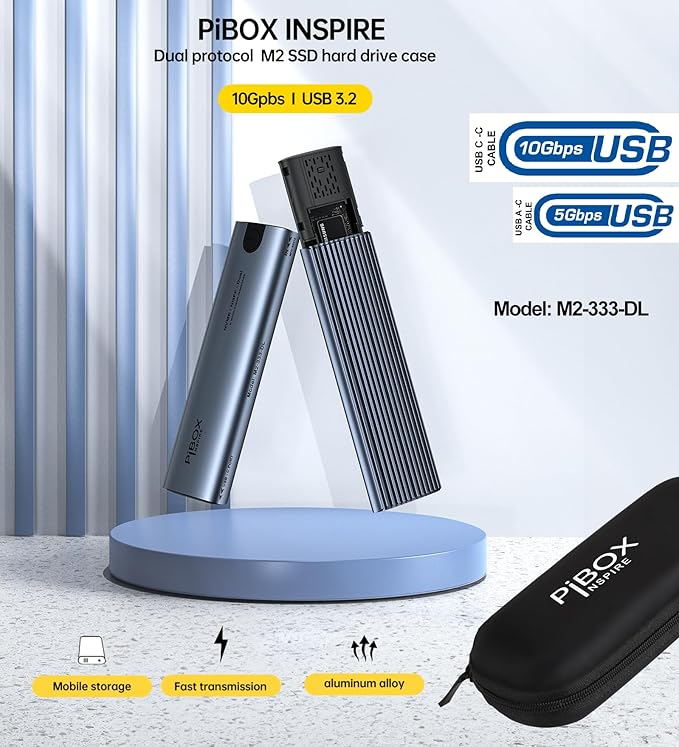 PiBOX India NVMe M2 Enclosure - Dual Protocol USB 3.2 Tool-Free Case, PCI-E Reader, USB-C, M & B+M Keys, 2230/2242/2260/2280 SSDs