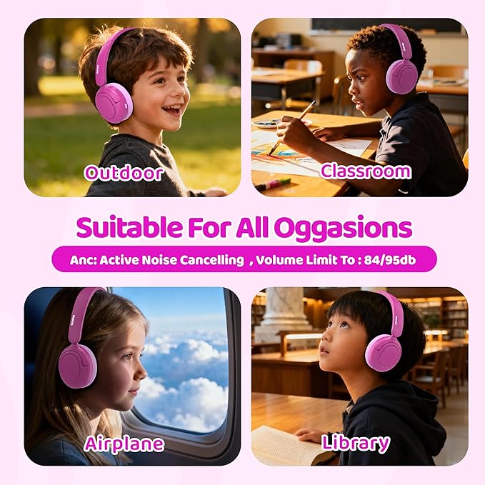 MIDOLA Kids Bluetooth Headphones Active Noise Cancelling Lightweight Wireless Headphone for Kid Volume Limited 85/94dB Foldable Over-Ear Headset with Mic,68 Hours Playtime,for Toddler Child Rose Pink