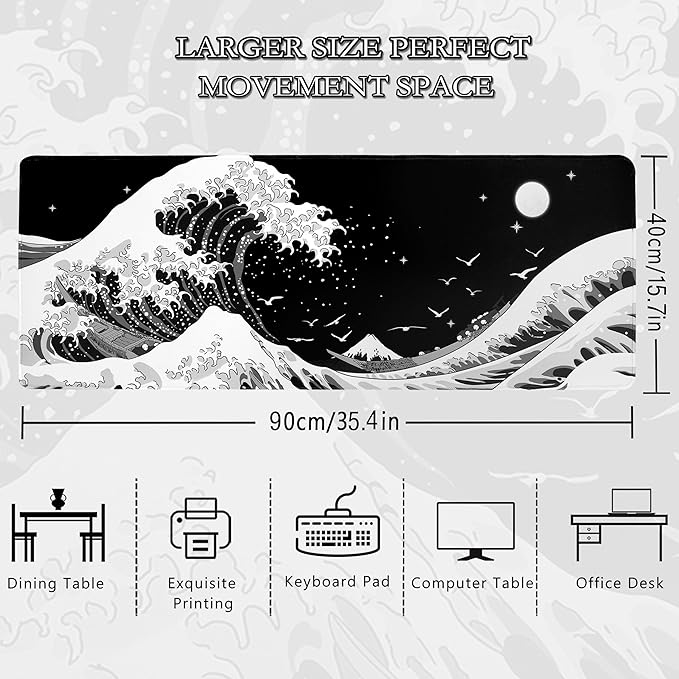 MEWOOCUE® Gaming Mouse Pad for Desk,Large Sea Wave Mousepad Laptop,Black White Japanese Anime Mouse Mat,Long XXL Waterproof Keyboard Pads,Big Non-Slip Mouse Pads for Game Office Home（35.4 x 15.7 in）