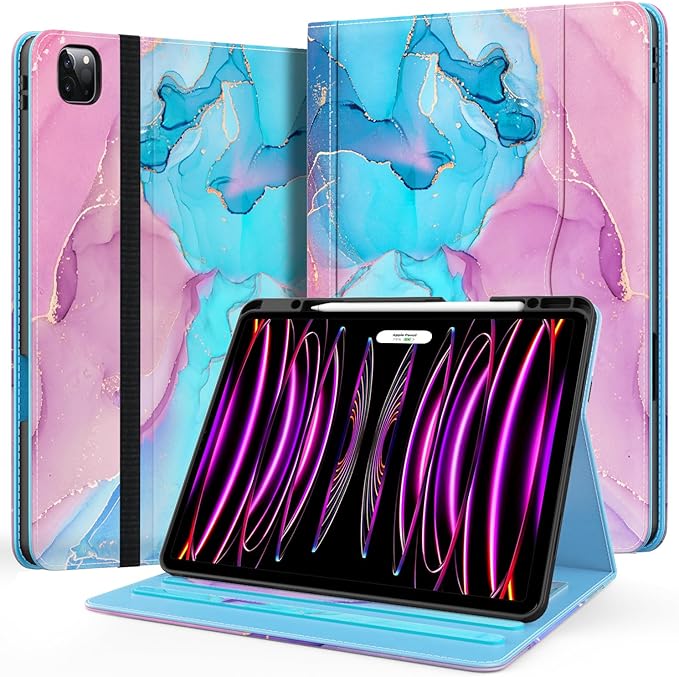 Zonefoker Case for New iPad Pro 12.9 inch 6th/5th/4th/3rd Generation 2022/2021/2020/2018, 12.9'' ipad Pro Leather Protective Cover 6/5/4/3 Gen with Pencil Holder, Auto Wake/Sleep, Marble Teal Pink