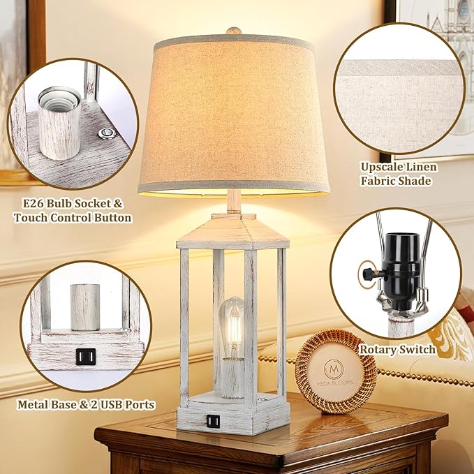 28" Farmhouse Table Lamps for Living Room Set of 2, 3-Way Dimmable Bedside Lamp with USB Ports, White Rustic Touch Control Nightstand Lamps for Bedroom, Modern Desk Lamp for Office, 4 Bulbs Included