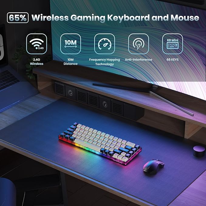 GEODMAER 65% Wireless Gaming Keyboard: LED Backlit, 68 Keys, Ultra-Compact, Anti-ghosting, No-Conflict Wireless Keyboard for PC Laptop Windows Gamer(White-Black)