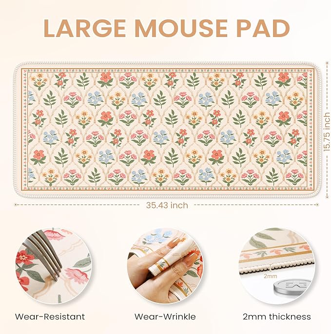 iCasso Floral Desk Pad Mat, Large Mouse Pad, Desk Matt for Desktop, Anti-Slip XXL Big Mousepad with Stitched Edges for Computer Keyboard (Beige Moroccan)