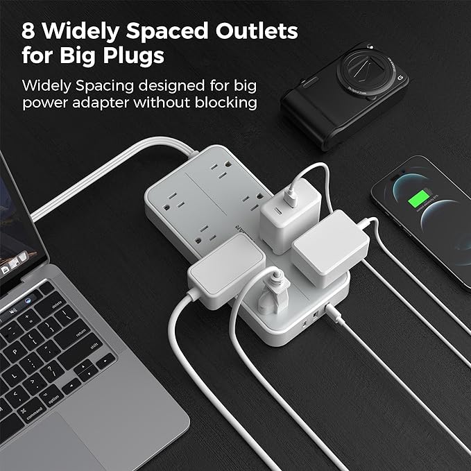 TESSAN Power Strip Surge Protector, 10FT Flat Plug Extension Cord with 8 Outlets 3 USB Charger(1 USB C), 1080 Joules Protection, Wall Mountable Charging Station for Home Office Dorm, Gray