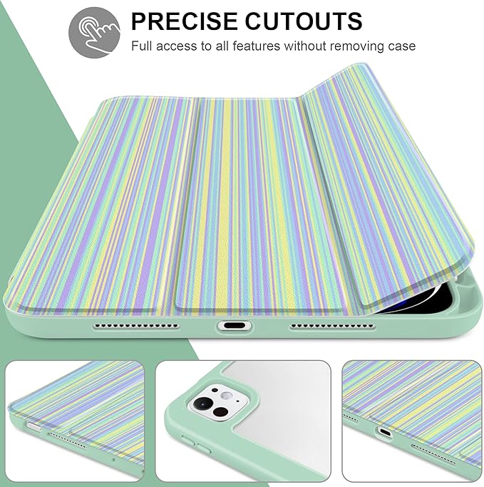 Case for iPad Pro 11 inch (M5) 2025 (M4) 2024 Release with Pencil Holder - Aesthetic Cute Design Trifold Cover with Soft TPU Bumper Clear Back Auto Sleep/Wake for Girls Women, Lines Green