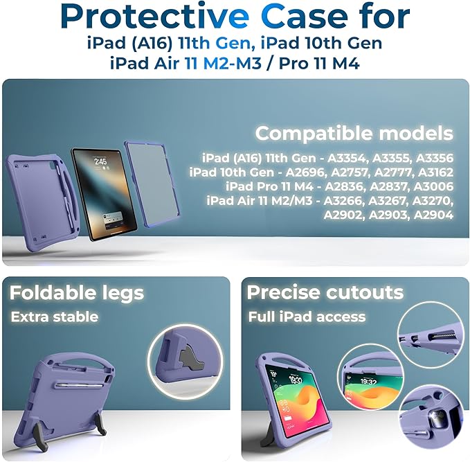 Bam Bino Space Suit, iPad Air 11 Inch Case Kids(M2/M3/M4), iPad Pro 11inch(M4/M5), iPad A16(11thGen), iPad 10thGeneration, Built-in Screen Protector, Handle, Kick Stand, Shoulder Strap (Nebula Violet)