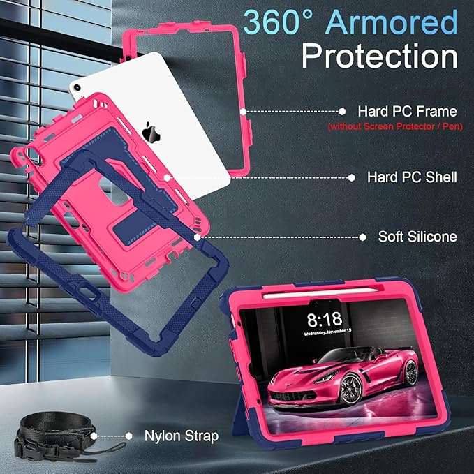 for iPad Air 11 Inch M4 (2026) /M3 (2025) /M2 (2024) iPad Air 5th/4th Generation Case 10.9 Inch (2022/2020),Military Grade Shockproof iPad Case Air 11 Inch with Pencil Holder, Navy Pink