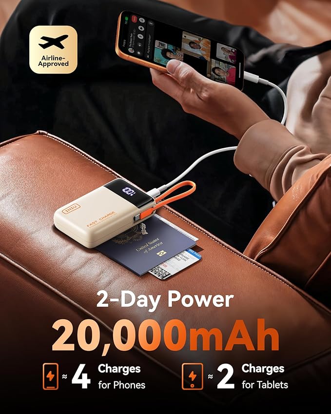INIU 20000mAh Power Bank, Smaller 45W PD Fast Charging Portable Charger, Battery Pack with Build in USB C Cable, Travel Phone Flight-Safe Powerbank for iPhone 17 16 Samsung S26 Google iPad, Beige