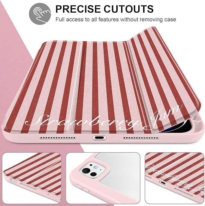 Case for iPad Pro 11 inch (M5) 2025 (M4) 2024 Release with Pencil Holder -Premium Shimmering Silk Texture Trifold Cover with Clear Back, Luxury Coquette Aesthetic Protective Skin, Red Striped