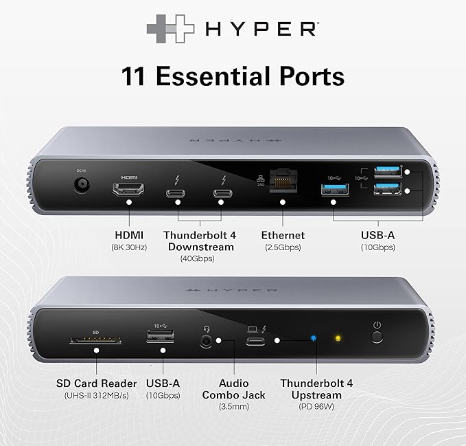 HyperDrive USB-C & Thunderbolt 4 Dock - Dual 6K60Hz Display Support Docking Station, 96W PD Charge, 2.5 Gigabit Ethernet, 10Gbps USB-A File Transfer, 11 Ports