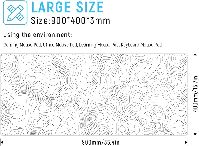 JIALONG White Topographic Large Gaming Mouse Pad, XXL Mousepad, Big Mouse Mat Desk Pad for Keyboard and Mouse, Gaming Computer Laptop PC Desk Office Accessories
